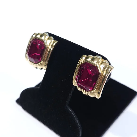 Vintage Givenchy Red Rhinestone Faux Ruby Gold Tone Clip On Earrings - Picture 13 of 16